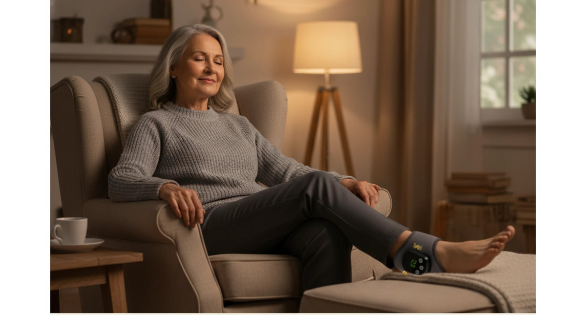 Woman relaxing in an armchair wearing the Hemadyne Foot Therapy System