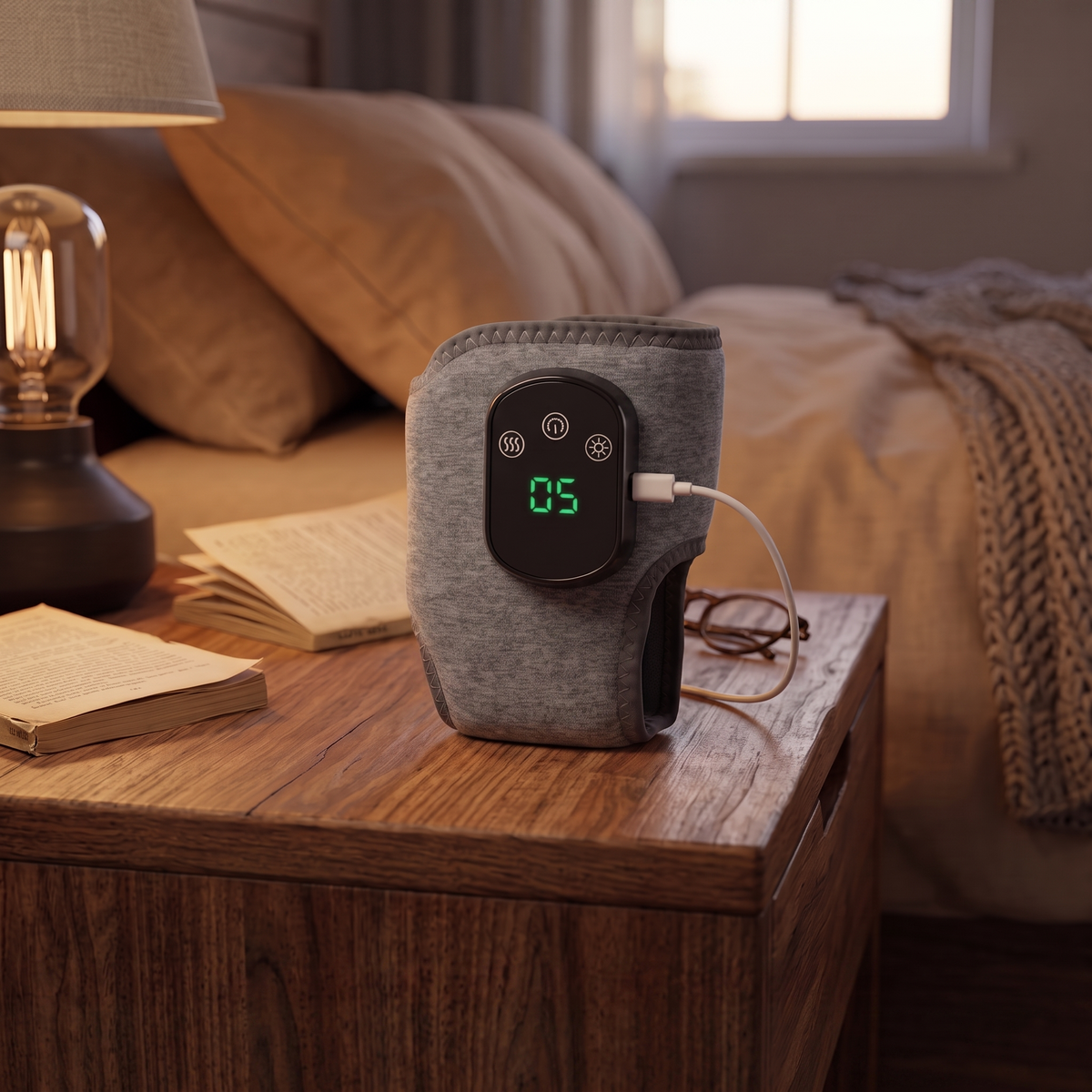 Hemadyne Foot Therapy System charging via USB-C on a bedside table