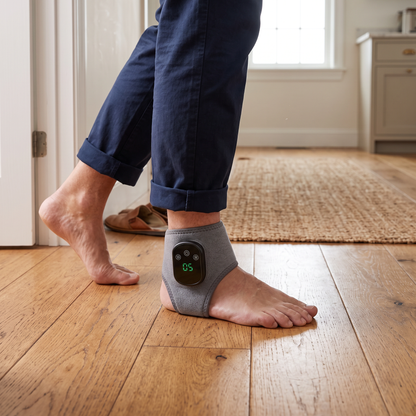 Walking on hardwood floor wearing the Hemadyne Foot Therapy System on the ankle