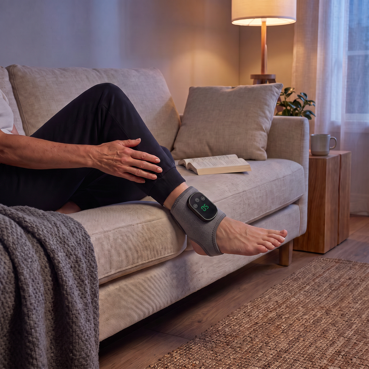 Hemadyne Foot Therapy System worn on the ankle while relaxing on the sofa