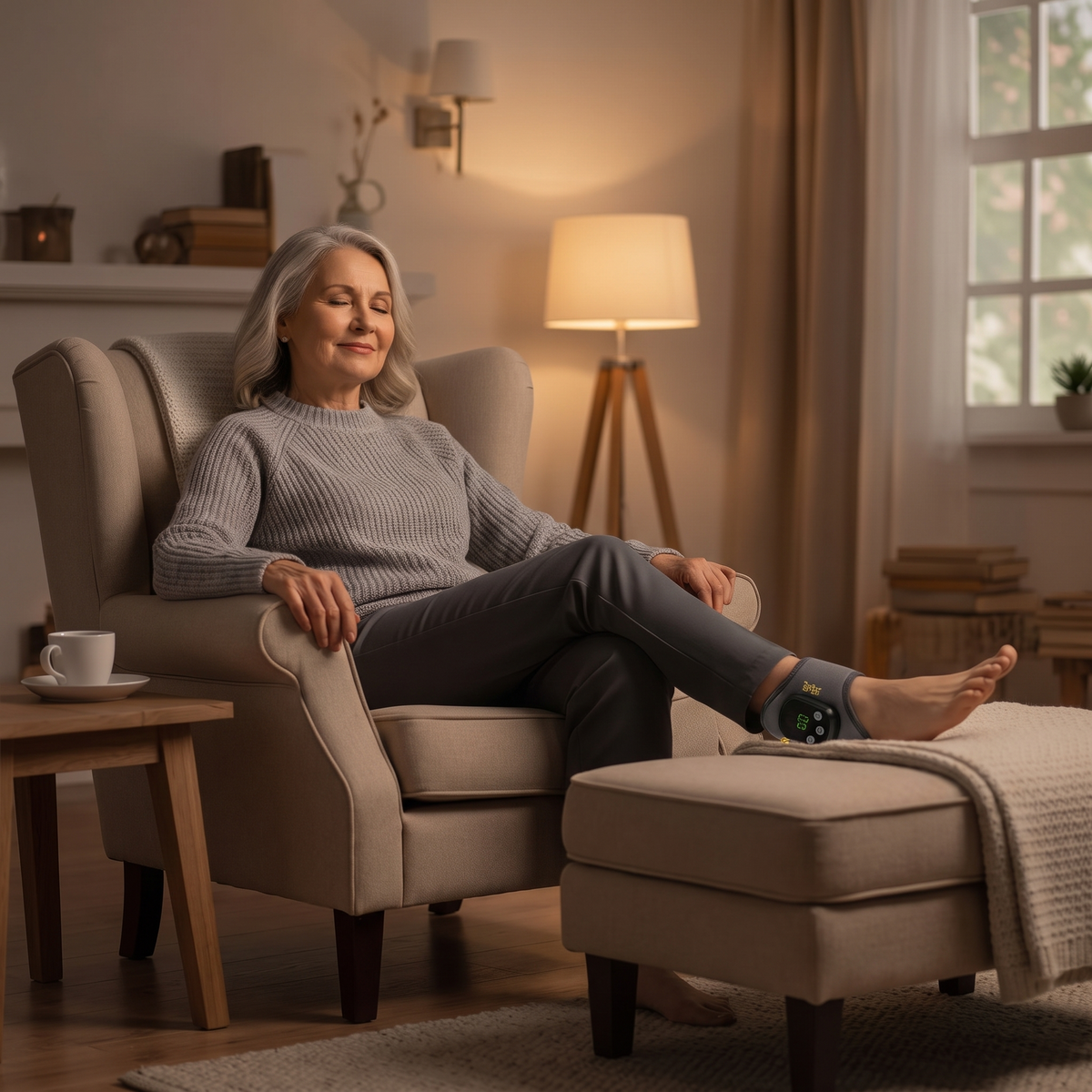 Woman relaxing in an armchair wearing the Hemadyne Foot Therapy System